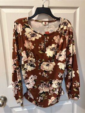 Blue Leopard Brand 1X Floral Scoop Neck Long Sleeve Top Brown Floral Top NWT